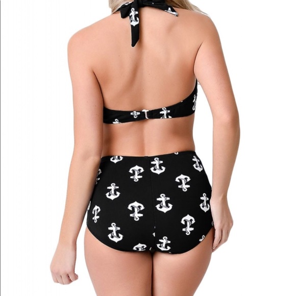 Retro Black Anchor Mid Waist  Swimsuit - Picture 3 of 5